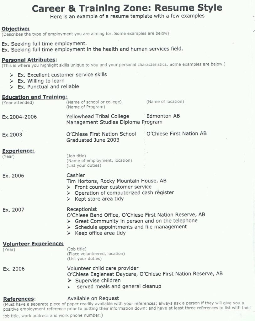 Resume Example O Chiese First Nation